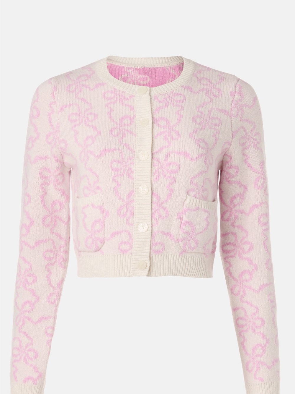 LoveShackFancy Cream and Light Pink Cropped Knit Cardigan